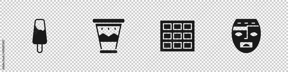 Set Popsicle ice cream, Mexican drum, Chocolate bar and Aztec mask icon. Vector. Set Popsicle ice cream, Mexican drum, Chocolate bar and Aztec mask icon. Vector.