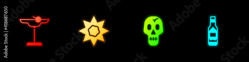 Set Margarita cocktail, Sun, Skull and Tabasco sauce icon. Vector.