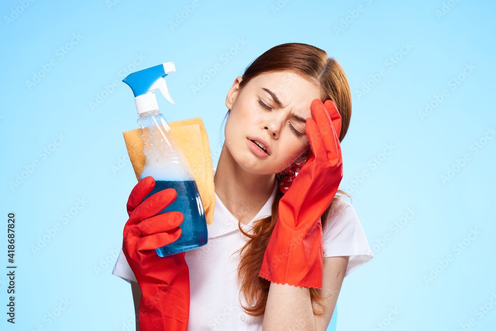 tired cleaning lady holding her head home care professionals lifestyle