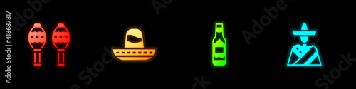 Set Maracas, Mexican sombrero, Tabasco sauce and man icon. Vector.