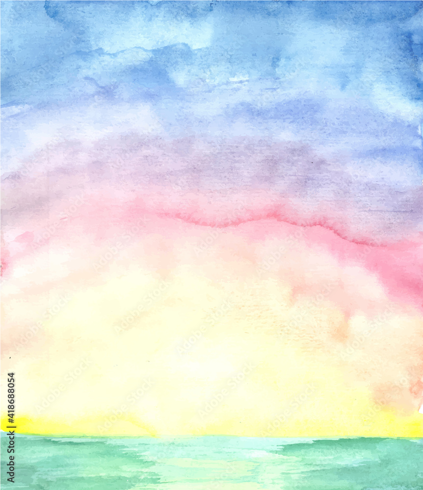 Watercolor sunset reflected in the water. Colorful sky illustration. Sea landscape. Watercolor image of the skyline. Grunge sky. Handmade drawing. Wall art. Poster.
