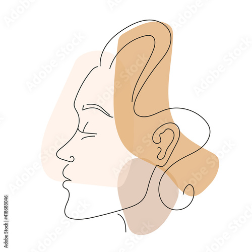 Woman silhuette face in linear style. Minimalistic contour illustration with abstract shapes in nude colours. Vector handdrawn illustration for prints, t-shirts, greeting cards, tatoo, posters, etc.