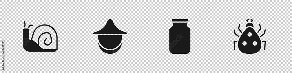 Set Snail, Beekeeper hat, Glass jar and Ladybug icon. Vector. Set Snail, Beekeeper hat, Glass jar and Ladybug icon. Vector.