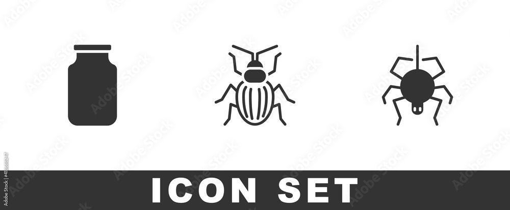 Set Glass jar, Chafer beetle and Spider icon. Vector.