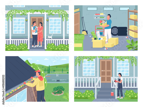 Residential life, spring home cleaning flat color vector illustration set. House improvement. Family, men, women 2D cartoon characters with outdoor scenery on background collection