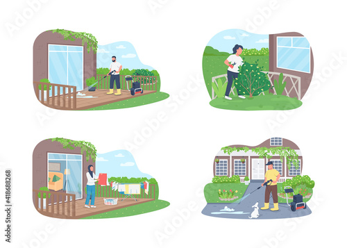 Seasonal outdoor cleaning work 2D vector web banner, poster. Powerwashing sidewalk. Men and women flat characters on cartoon background. Spring housework printable patch, colorful web element photo