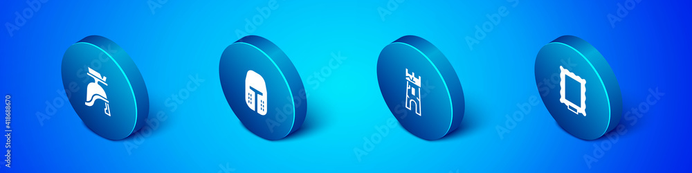 Set Isometric Roman army helmet, Castle tower, Picture and Medieval iron icon. Vector. Set Isometric Roman army helmet, Castle tower, Picture and Medieval iron icon. Vector.