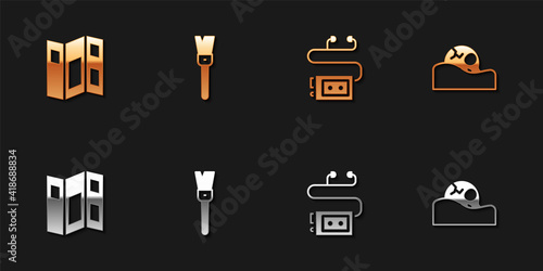 Set Museum guide brochure, Paint brush, audio and Human skull icon. Vector.