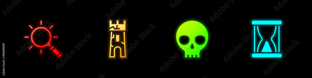 Set Magnifying glass, Castle tower, Human skull and Old hourglass with sand icon. Vector. Set Magnifying glass, Castle tower, Human skull and Old hourglass with sand icon. Vector.