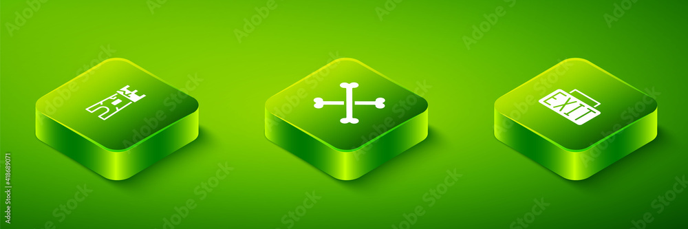 Obraz premium Set Isometric Crossed human bones, Exit sign and Castle tower icon. Vector.