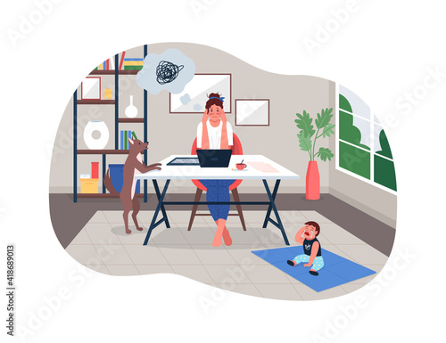 Stressed working mother 2D vector web banner, poster. Motherhood difficulty. Young mother with baby and pet dog flat characters on cartoon background. Home office printable patch, colorful web element