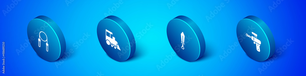 Set Isometric Jump rope, Sword toy, Ray gun and Toy train icon. Vector. Set Isometric Jump rope, Sword toy, Ray gun and Toy train icon. Vector.