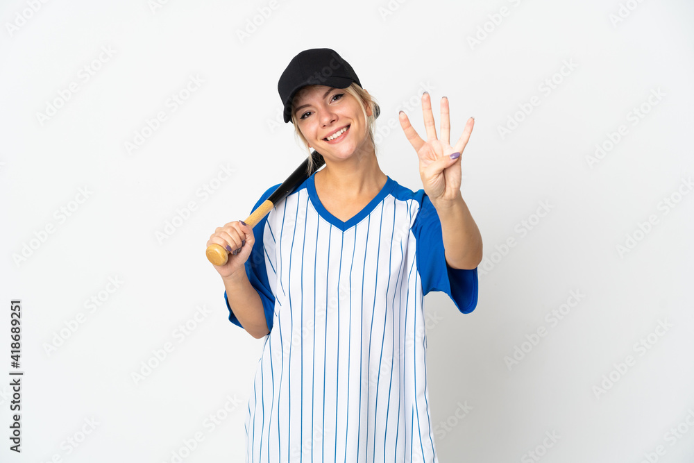 Young Russian woman playing baseball isolated on white background happy and counting four with fingers Young Russian woman playing baseball isolated on white background happy and counting four with fingers