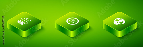 Set Isometric No Smoking, Broken human skull and Museum audio guide icon. Vector.