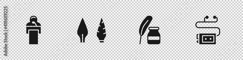 Set Gives lecture, Stone age arrow head, Feather and inkwell and Museum audio guide icon. Vector.