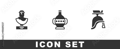 Set Ancient bust sculpture, amphorae and Roman army helmet icon. Vector.