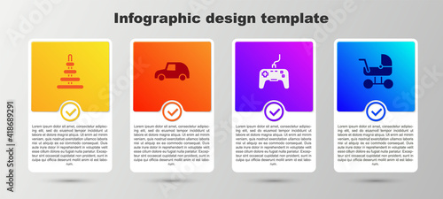Set Pyramid toy, Toy car, Gamepad and Baby stroller. Business infographic template. Vector.