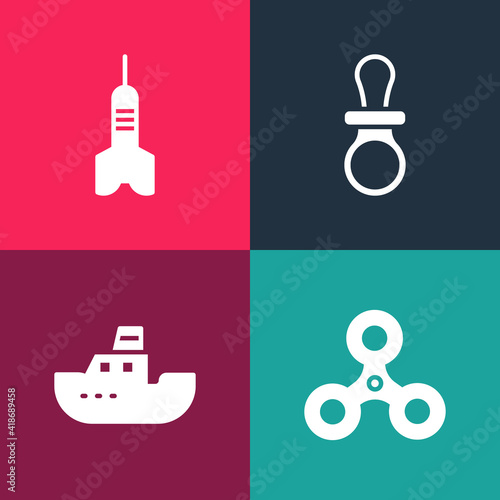 Set pop art Fidget spinner, Toy boat, Baby dummy pacifier and Dart arrow icon. Vector.