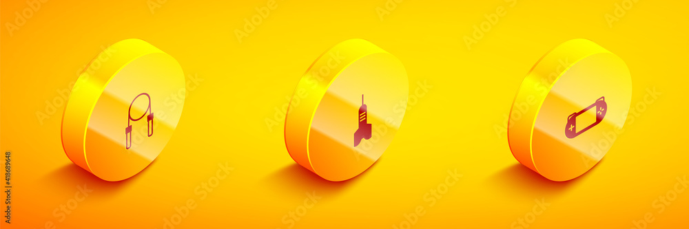 Set Isometric Jump rope, Dart arrow and Portable video game console icon. Vector. Set Isometric Jump rope, Dart arrow and Portable video game console icon. Vector.