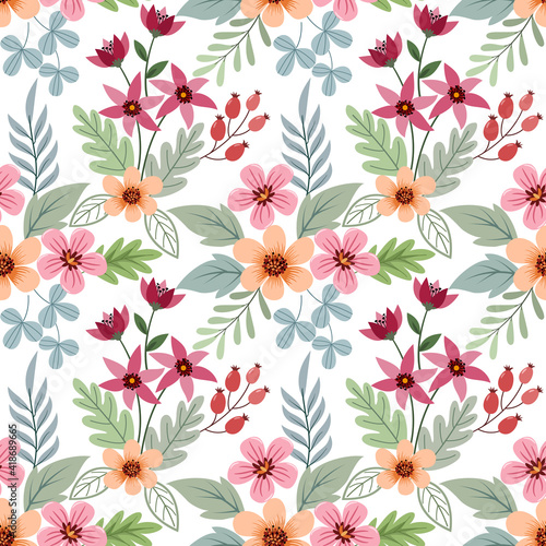 Colorful hand draw flowers seamless pattern on white color background for fabric textile wallpaper. © Orlandoit