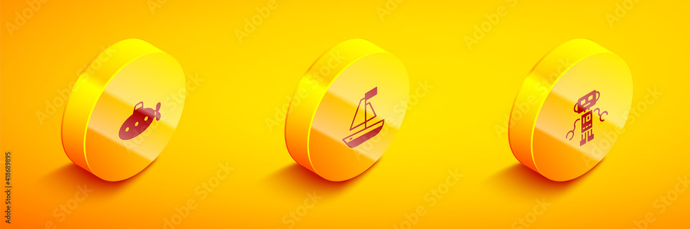 Set Isometric Submarine toy, Toy boat and Robot icon. Vector. Set Isometric Submarine toy, Toy boat and Robot icon. Vector.