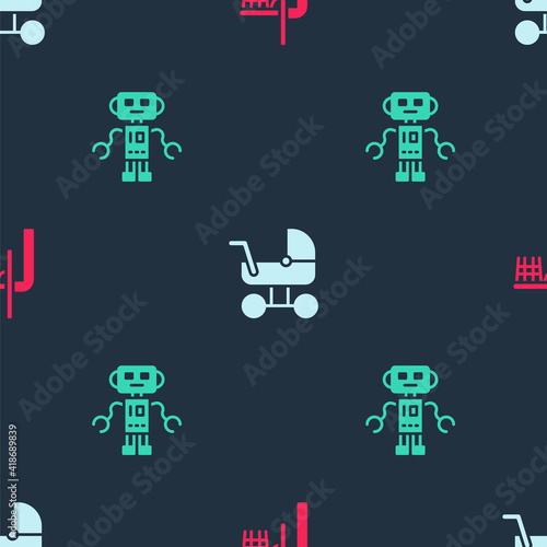 Set Basketball backboard, Baby stroller and Robot toy on seamless pattern. Vector.