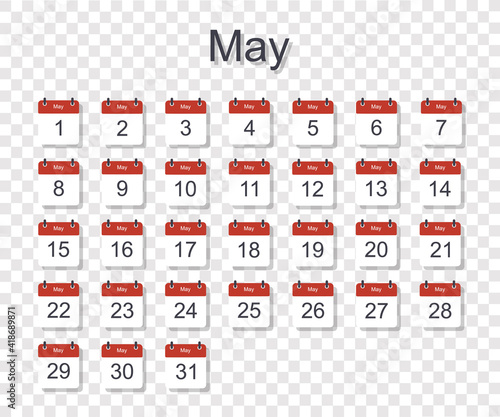 Monthly calendar template for May with daily date. On transparent background. Flat style