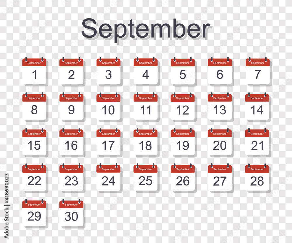 Monthly calendar template for September with daily date. On transparent background. Flat style Monthly calendar template for September with daily date. On transparent background. Flat style