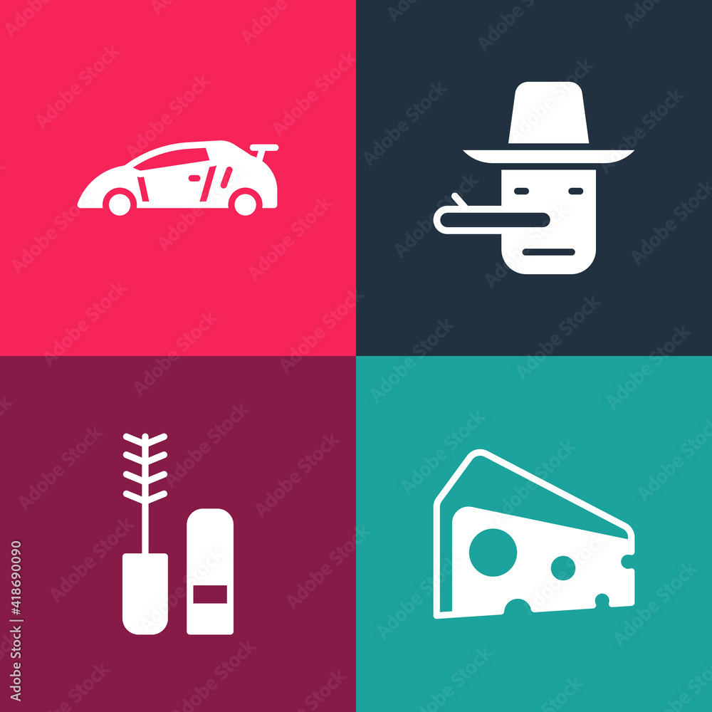 Set pop art Cheese, Mascara brush, Pinocchio and Sport racing icon. Vector. Set pop art Cheese, Mascara brush, Pinocchio and Sport racing icon. Vector.