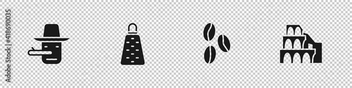 Set Pinocchio, Grater, Coffee beans and Coliseum Rome icon. Vector.
