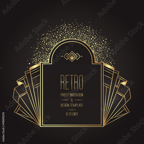 Art Deco vintage gold patterns over black, frames and design elements. Retro party geometric background set 1920s style. Vector illustration for glamour party, thematic wedding or textile prints.