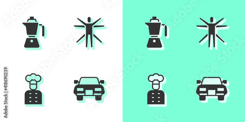 Set Car, Coffee moca pot, Italian cook and Vitruvian Man icon. Vector.