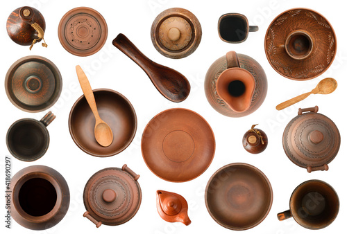 Collection of old pottery isolated on white