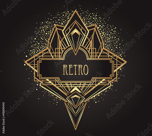 Art Deco vintage gold patterns over black, frames and design elements. Retro party geometric background set 1920s style. Vector illustration for glamour party, thematic wedding or textile prints.
