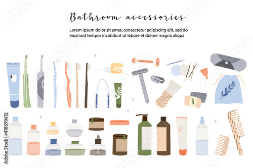 Bathroom accessories, bath items. Dental cleaning tools, natural skin care, organic cosmetics. Zero waste bathroom, reusable products. Eco friendly lifestyle. Vector flat cartoon illustration