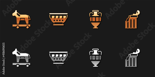 Set Trojan horse, Greek ancient bowl, Ancient amphorae and Broken column icon. Vector.