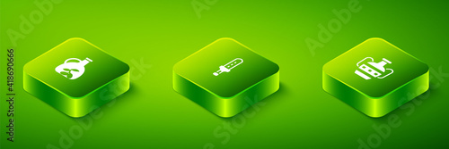 Set Isometric Medieval sword, Ancient amphorae and Bottle of olive oil icon. Vector.