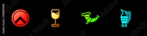 Set Greek shield, Wine glass, Hunting horn and Ancient amphorae icon. Vector.