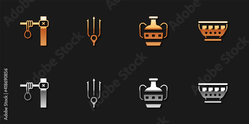 Set Gallows, Neptune Trident, Ancient amphorae and Greek ancient bowl icon. Vector.