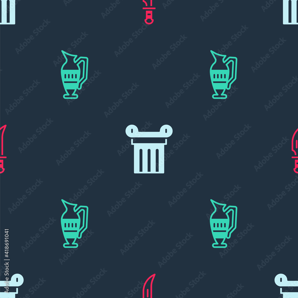 Set Dagger, Ancient column and amphorae on seamless pattern. Vector. Set Dagger, Ancient column and amphorae on seamless pattern. Vector.