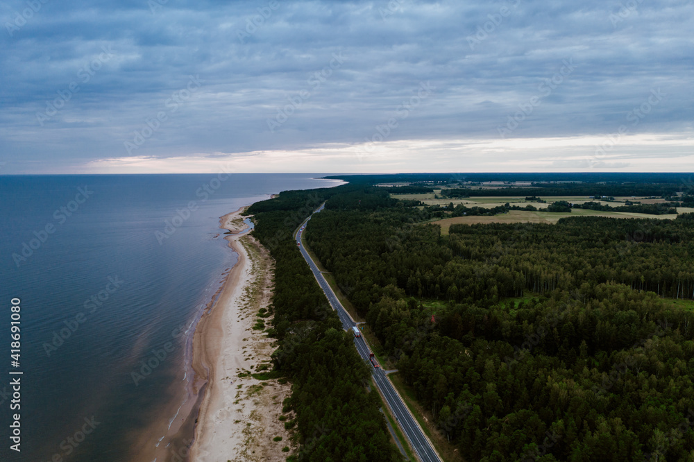 Aerial view of Baltic sea coastline with a highway