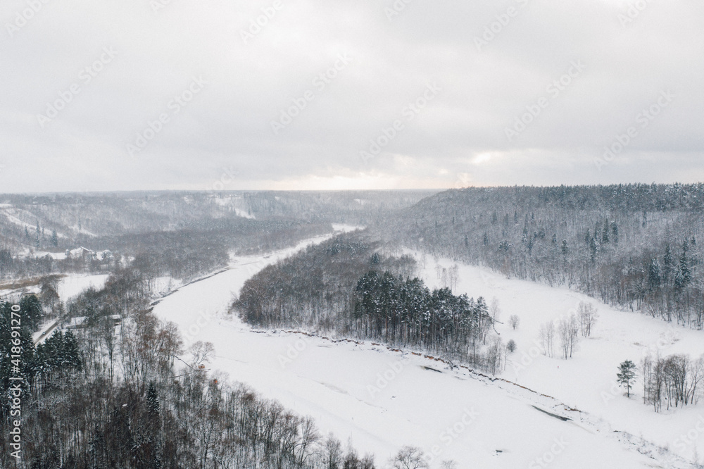 Snowy mountain river valley in Sigulda, Latvia