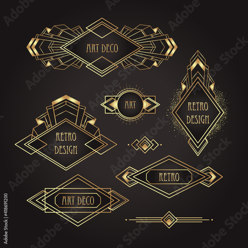 Art Deco vintage gold patterns over black, frames and design elements. Retro party geometric background set 1920s style. Vector illustration for glamour party, thematic wedding or textile prints.