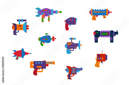 A large set of Galactic blasters. Bright game weapons for children's illustrations and posters. Space pistols are multicolored. Vector illustration