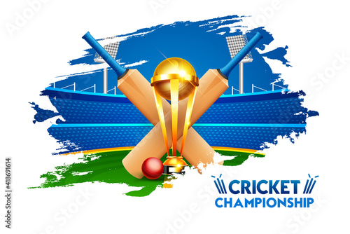 Cricket championship league concept with cricket bat, ball and winning cup trophy poster or banner on abstract stroke background