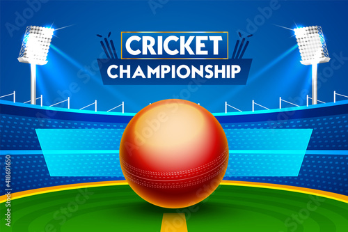Cricket Match schedule concept with glossy ball illustration on stadium lights backgroundn with text placeholder area. photo