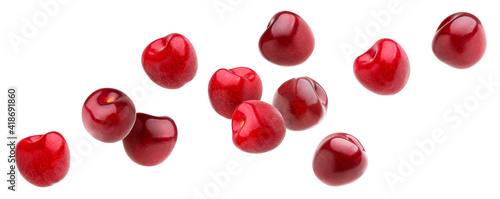 Falling cherry isolated on white background, collection