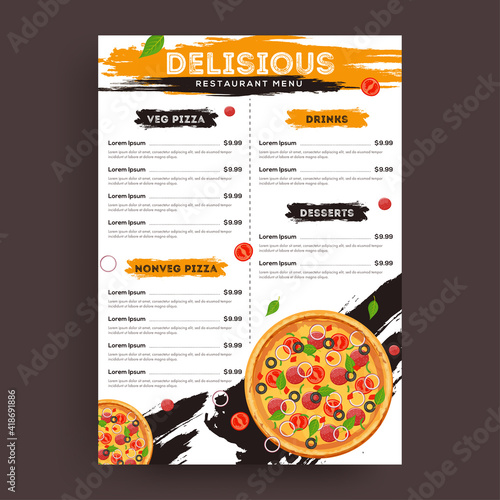 Pizza food menu for restaurant and cafe. Design template with hand-drawn graphic illustrations for print.