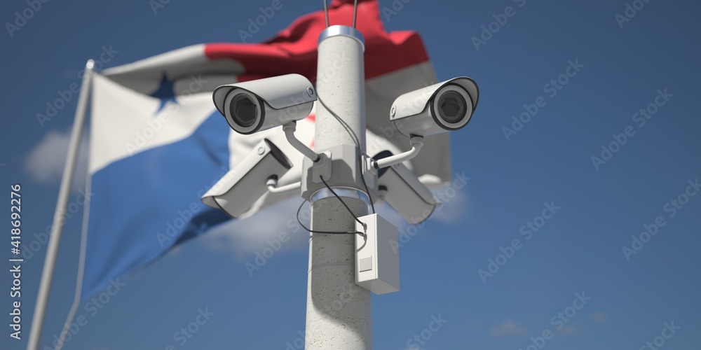 Security cameras near flag of Panama, 3d rendering