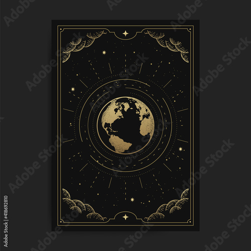 The world or earth, card illustration with esoteric, boho, spiritual, geometric, astrology, magic themes, for tarot reader card or posters